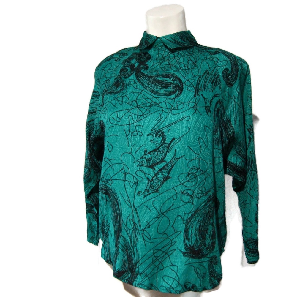 Vintage 80s Léger Blouse Green Abstract Fish Party Top Made in USA Shoulder Pads